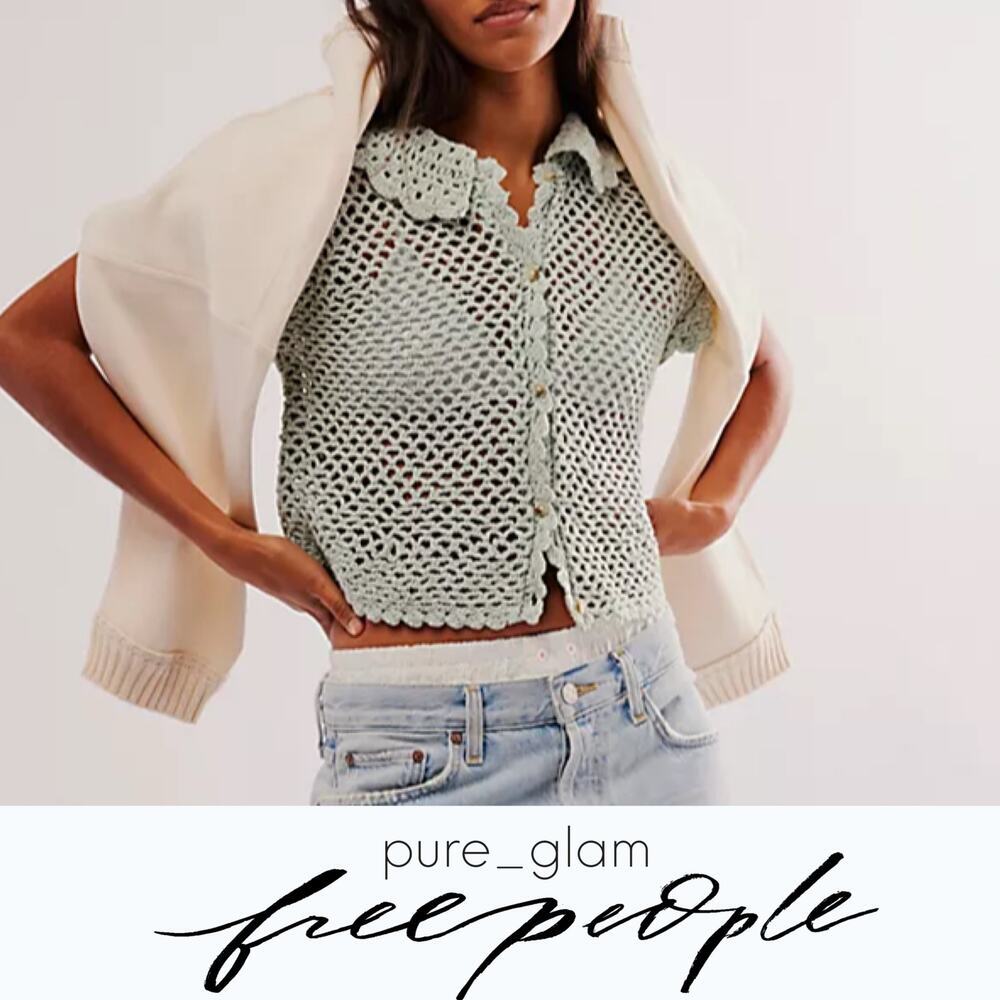 Free People crochet top open knit button-front - Picture 4 of 6